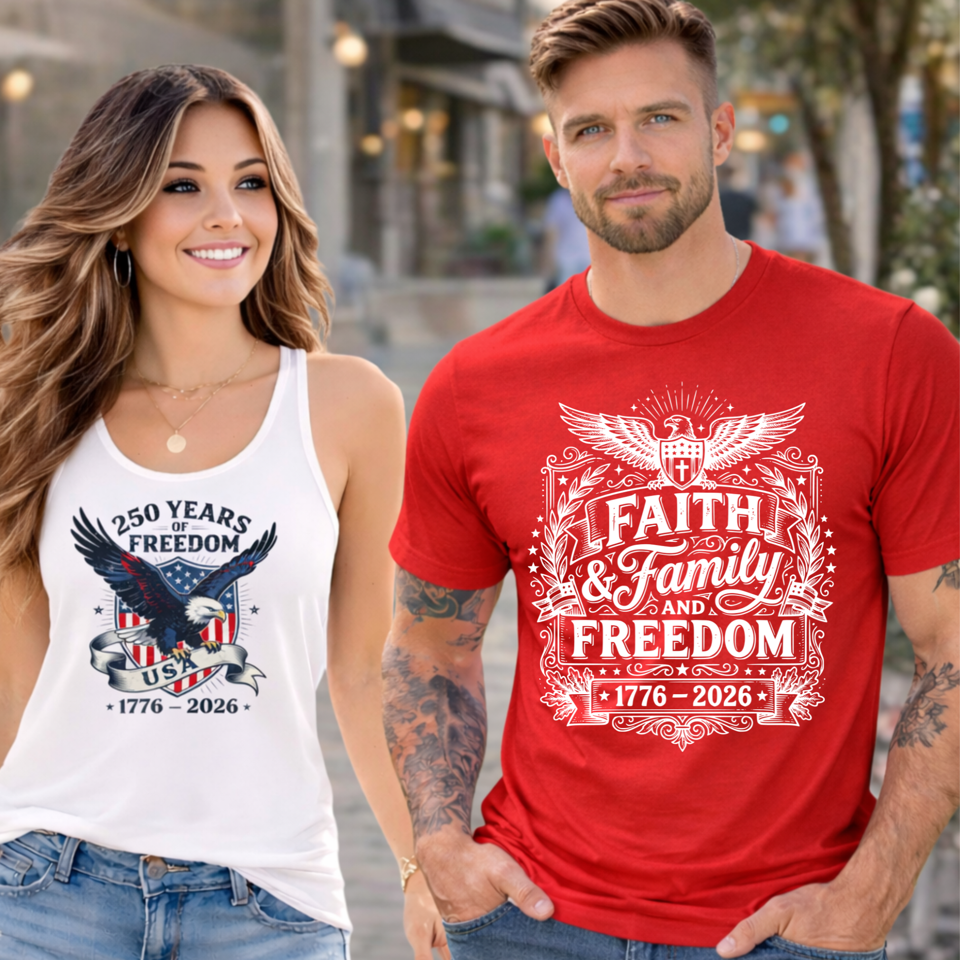 Two people wearing t-shirts with '250 Years of Freedom' designs, one white and one red.