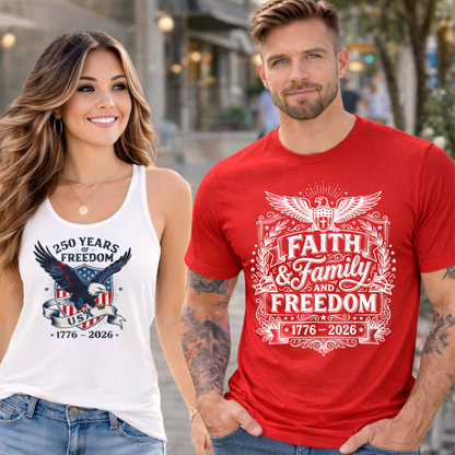 Two people wearing t-shirts with '250 Years of Freedom' designs, one white and one red.