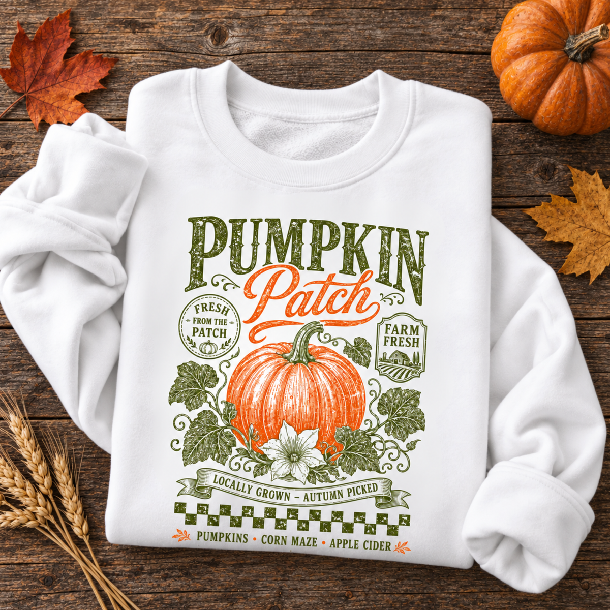 White sweatshirt with vintage Pumpkin Patch pumpkin and floral design arranged on a rustic wood table with fall leaves and pumpkins