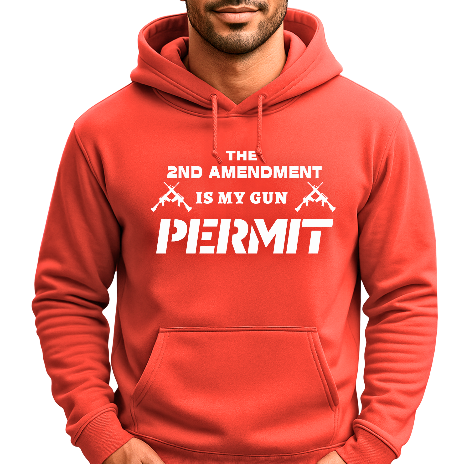 Red hoodie with white text and graphics on a white background