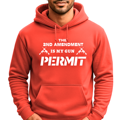 Red hoodie with white text and graphics on a white background