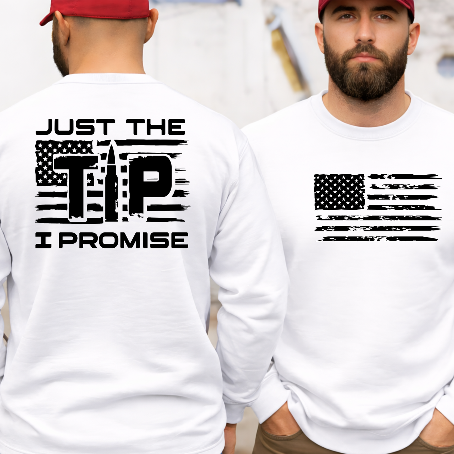 Two men wearing white sweatshirts with American flag designs and text.
