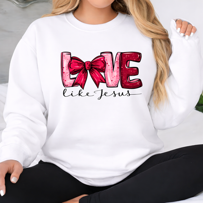 Love Like Jesus white sweatshirt with pink bow Christian design
