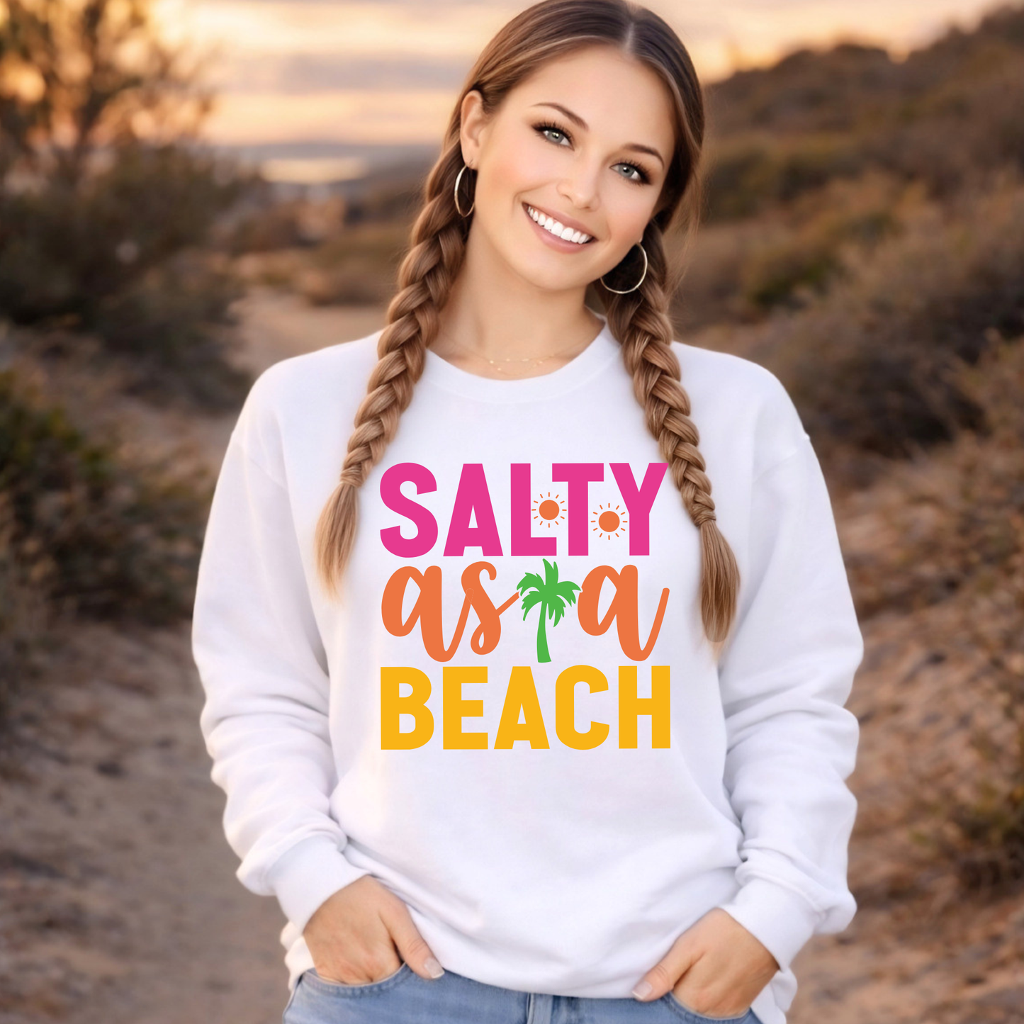 Salty As A Beach white sweatshirt beach sunset casual coastal outfit