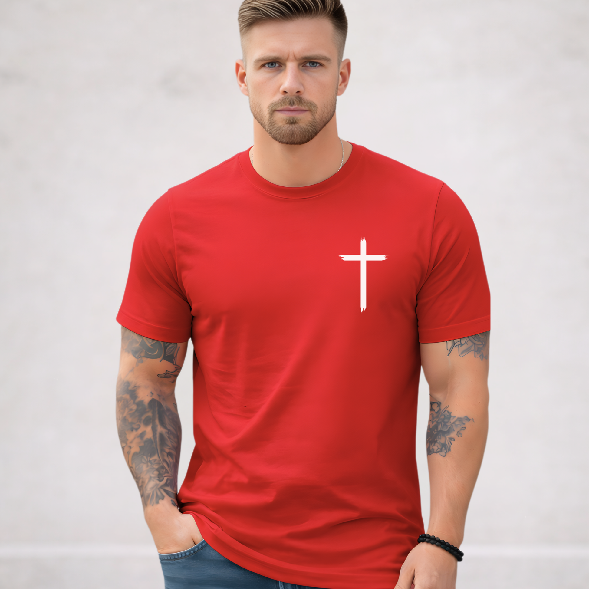 Red Christian t-shirt front view with minimal black cross chest graphic