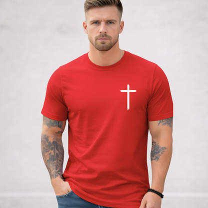 Red Christian t-shirt front view with minimal black cross chest graphic