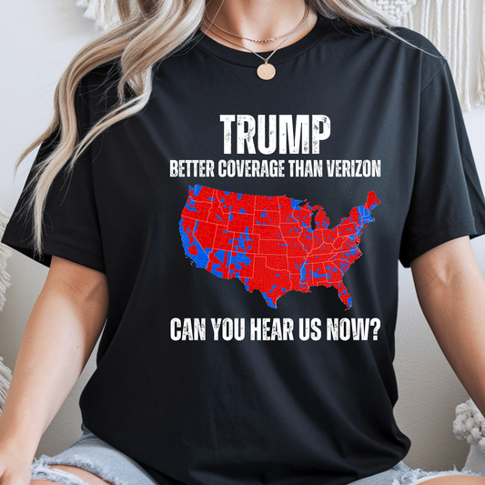 Close up black Trump sweatshirt Better Coverage Than Can You Hear Us Now USA graphic patriotic womens apparel