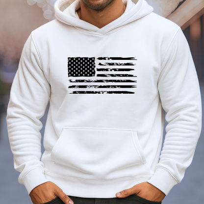 White hoodie with a black American flag design on a blurred background