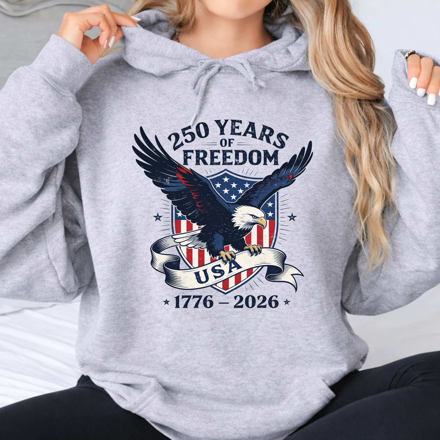 Gray hoodie with America 250 eagle USA 1776 2026 design close up