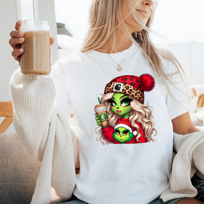 White Christmas tee featuring glam Green girl with coffee drink
