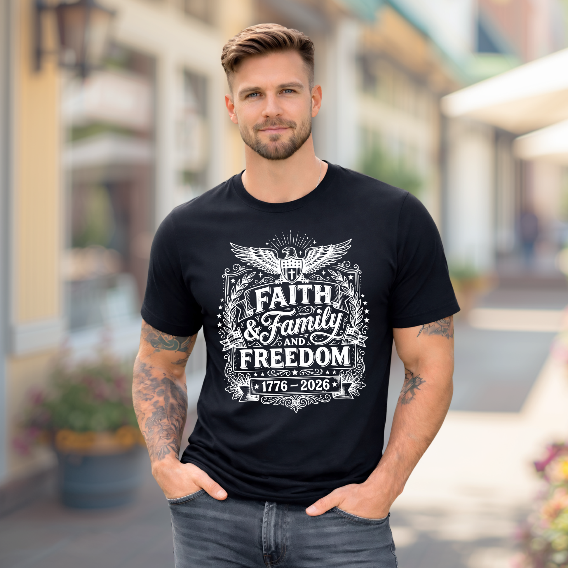 Man wearing a black t-shirt with 'Faith & Family and Freedom' design outdoors.