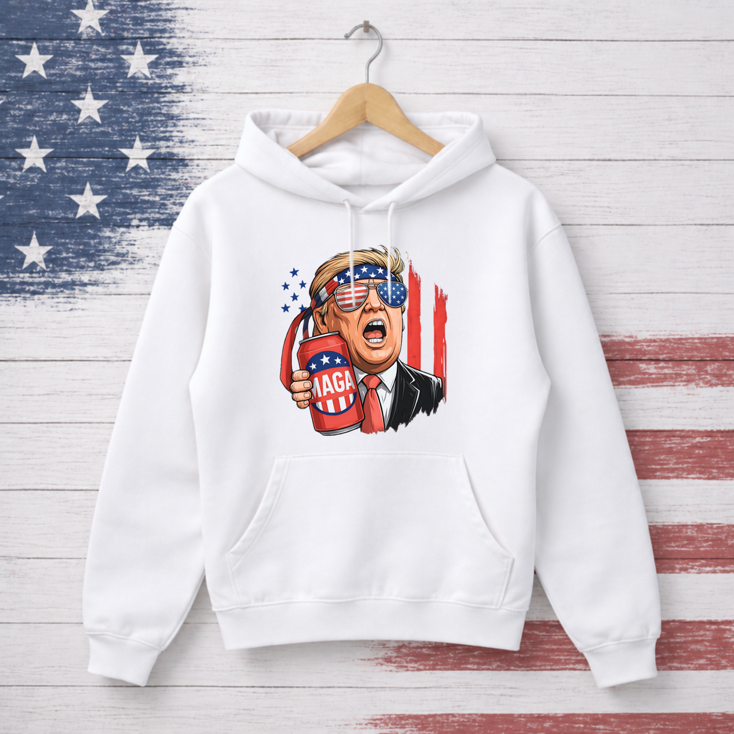 Funny patriotic beer shirt on white hoodie with USA flag background