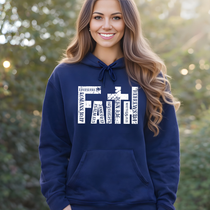 Woman wearing navy blue unisex Christian hoodie with distressed faith cross graphic