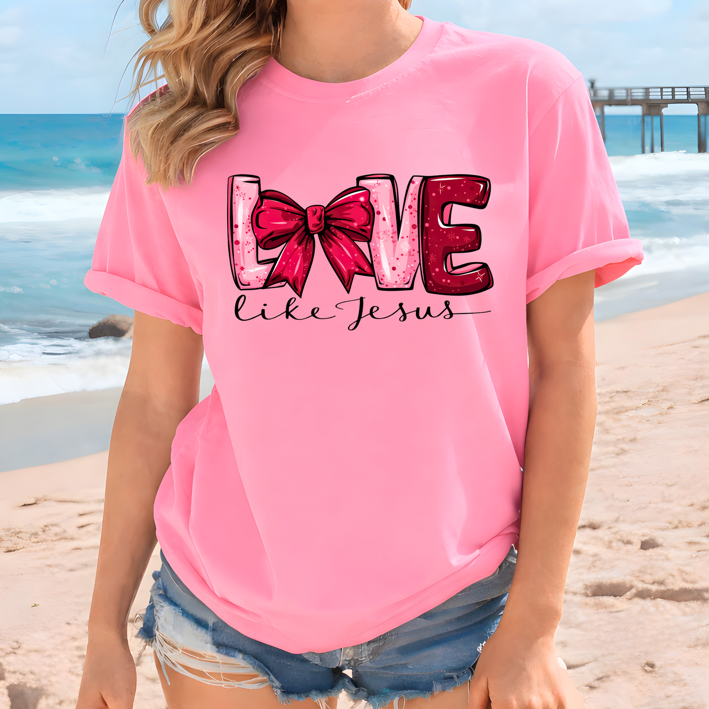 Love Like Jesus pink Tshirt with pink bow Christian design
