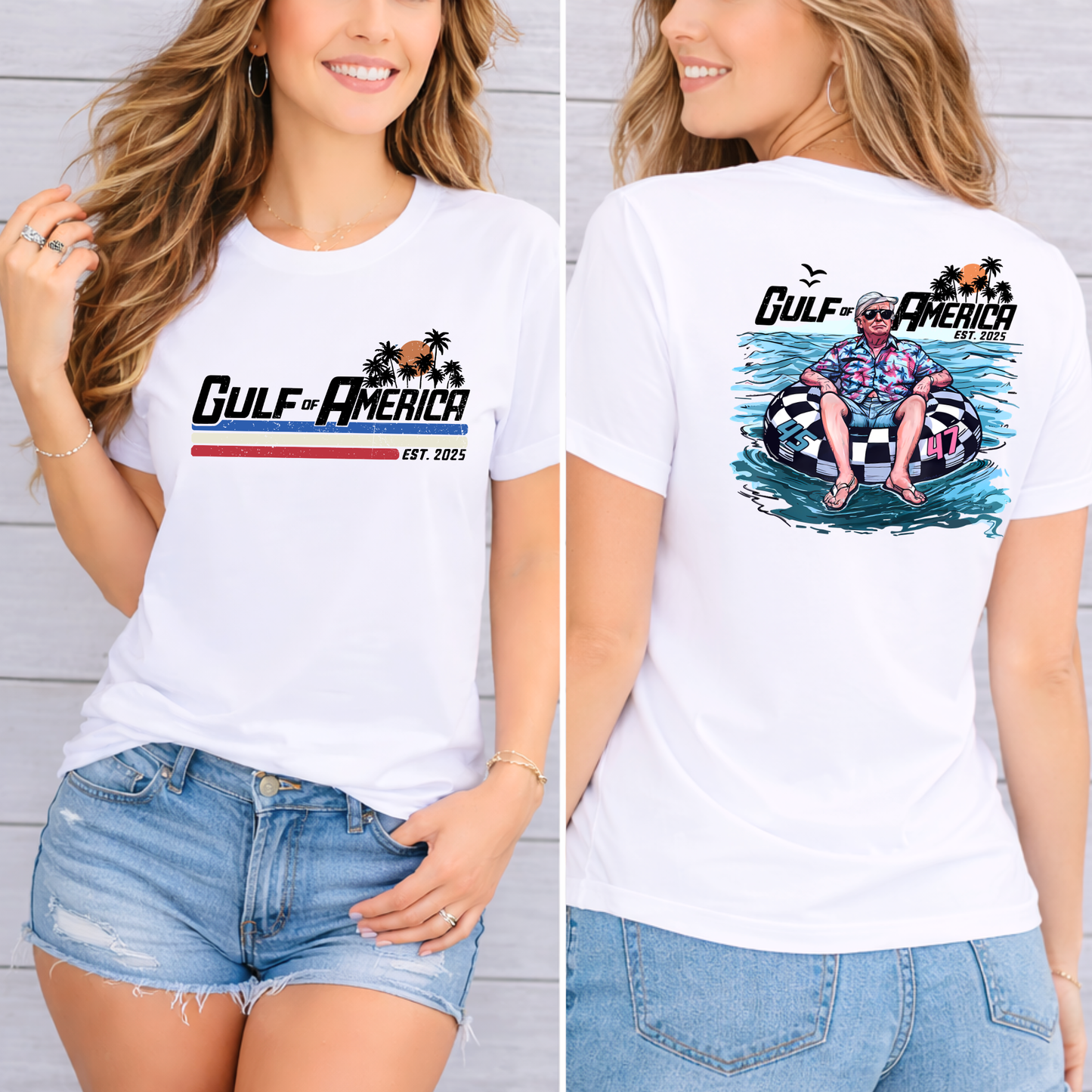 White t-shirt with Donald Trump on a raft and 'Gulf of America' design on front and back, worn by a person.