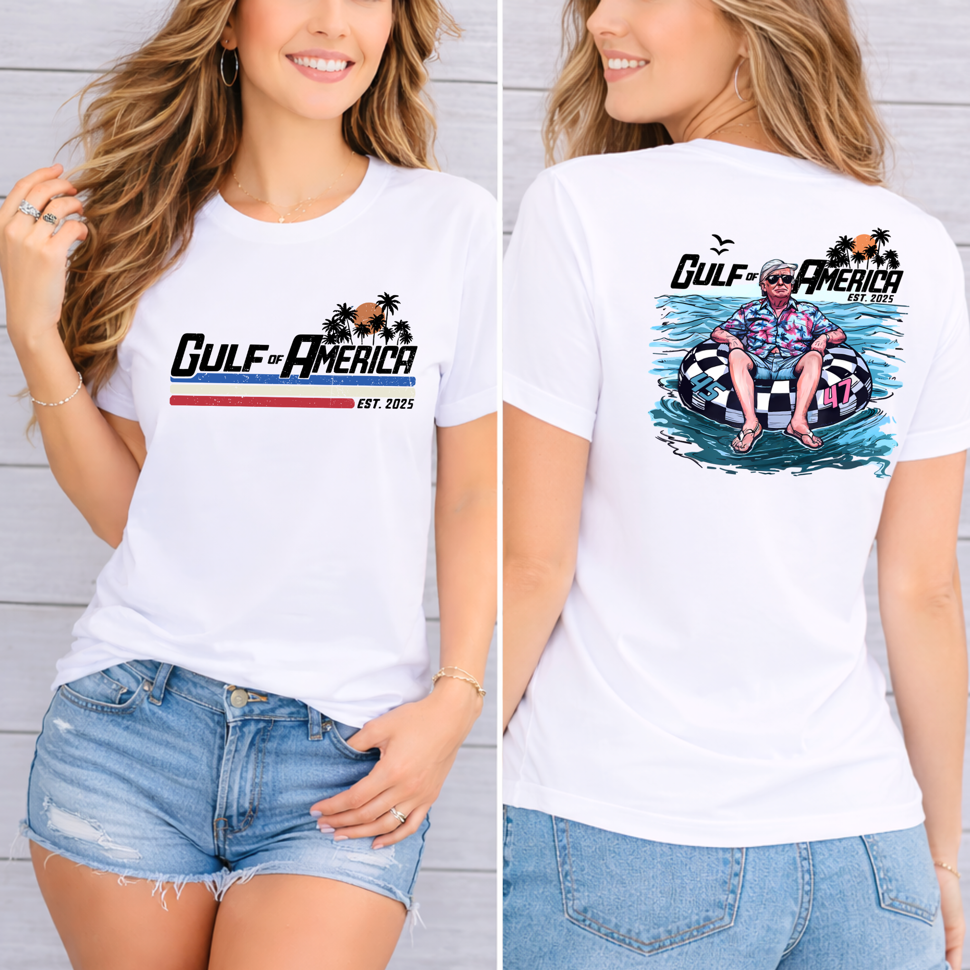 White t-shirt with Donald Trump on a raft and 'Gulf of America' design on front and back, worn by a person.