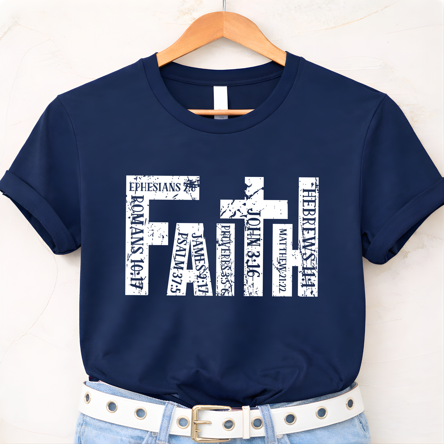 Navy blue unisex Christian t-shirt flat lay showing faith cross scripture print