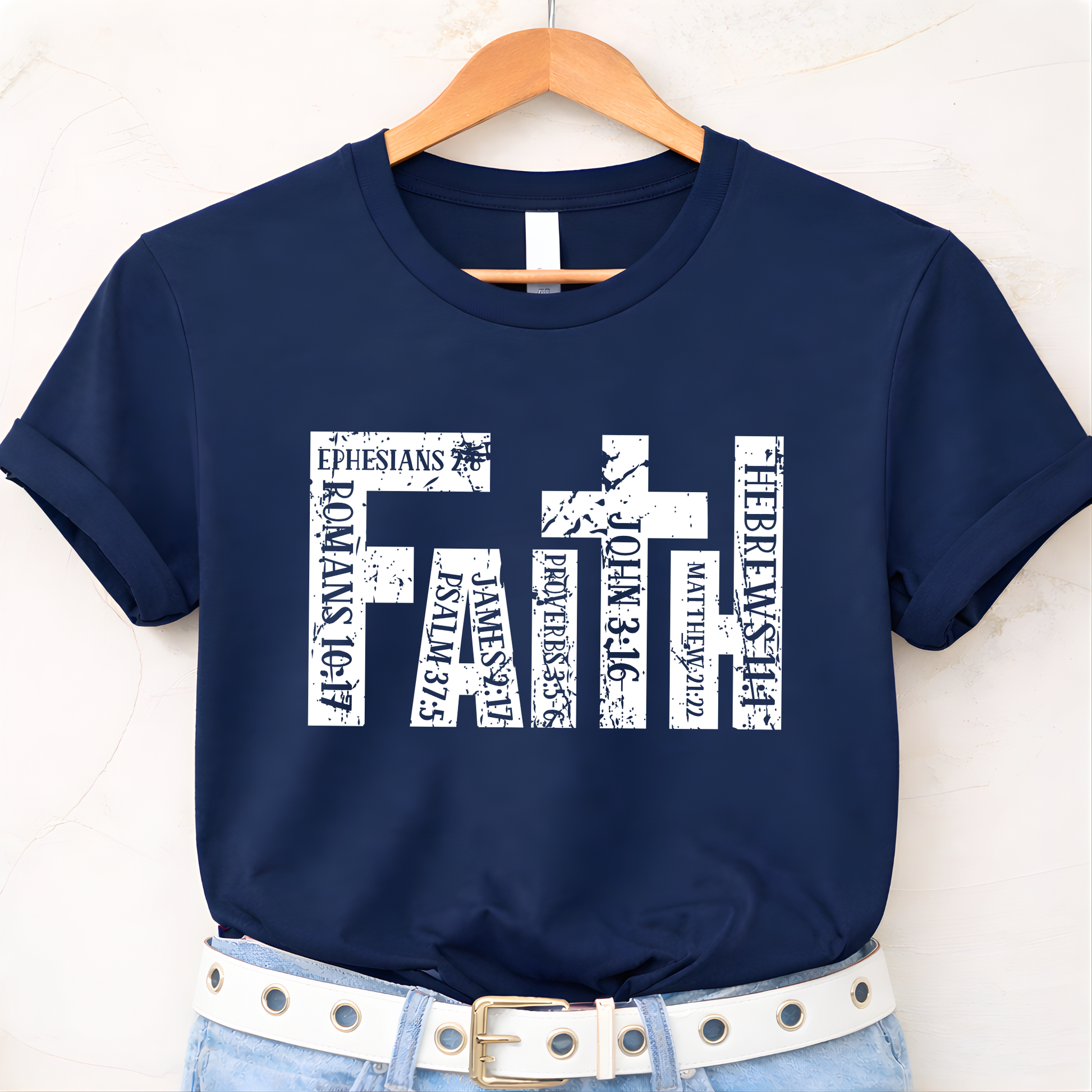 Navy blue unisex Christian t-shirt flat lay showing faith cross scripture print