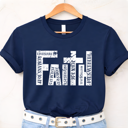 Navy blue unisex Christian t-shirt flat lay showing faith cross scripture print