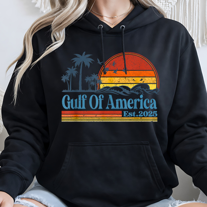 Black hoodie with 'Gulf Of America Est 2025' design on a plain background
