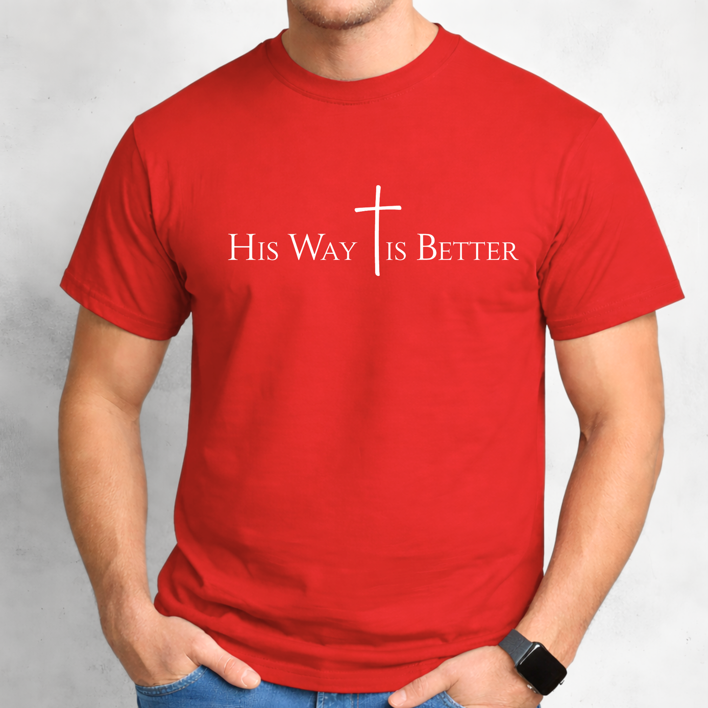Red t-shirt with 'His Way is Better' text and cross design on a gray background