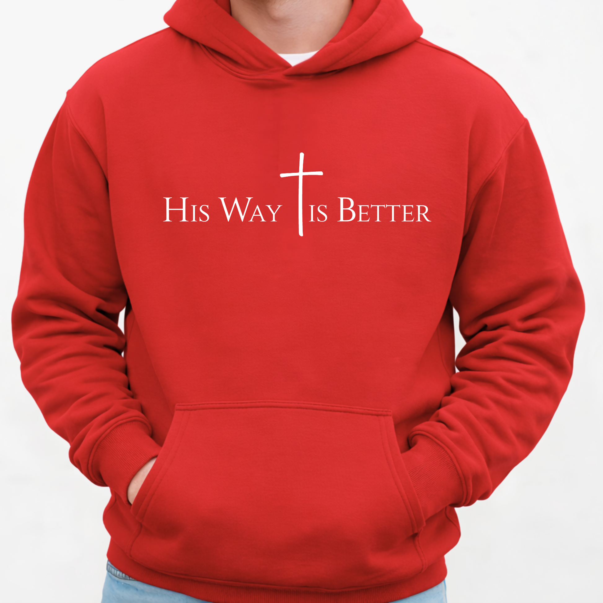 Red hoodie with “His Way Is Better” cross graphic – inspirational men’s hoodie
