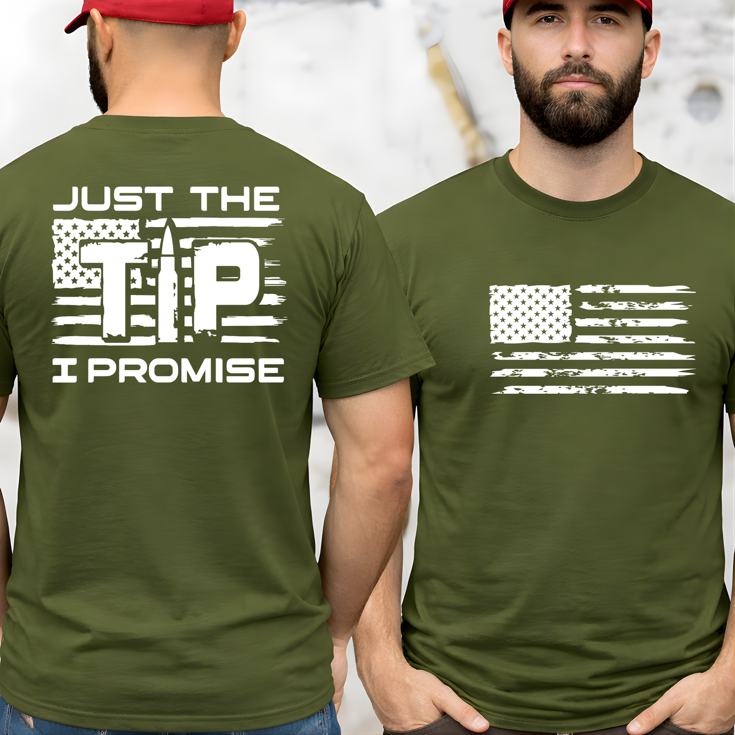 Person wearing an olive green t-shirt with a graphic and text on the front and back.