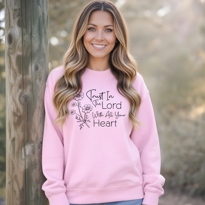 pink unisex Christian crewneck sweatshirt with trust in the Lord floral graphic