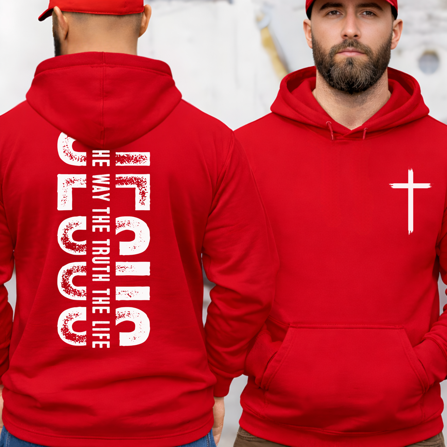 Red Christian hoodie front and back with white cross chest design and Jesus The Way The Truth The Life print