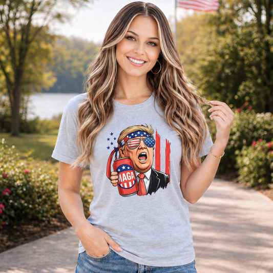 Woman wearing funny patriotic beer shirt outdoors summer lifestyle