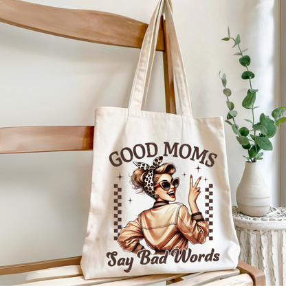 Tote on chair by a vase – reusable canvas with retro sassy design