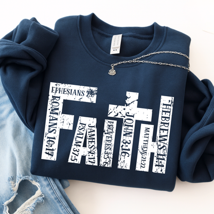 Navy blue unisex Christian sweatshirt flat lay with faith scripture cross design