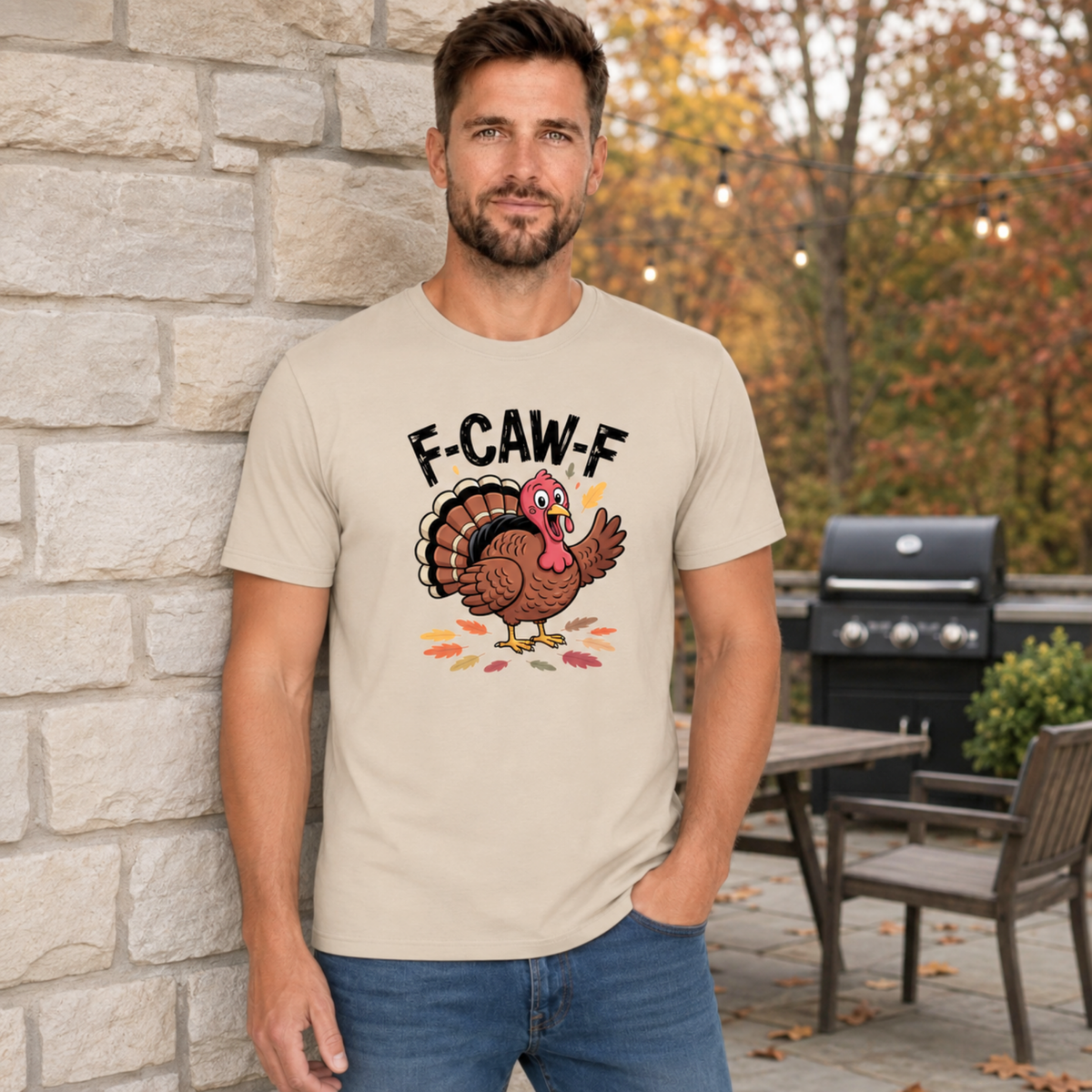 Man wearing a sand T-shirt with a colorful F-CAW-F turkey graphic in a fall patio setting.