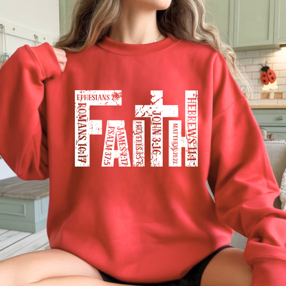 Red unisex Christian sweatshirt featuring faith cross scripture design
