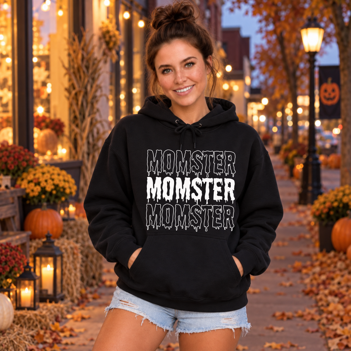 Front view of a woman modeling the playful MOMSTER Halloween graphic design.