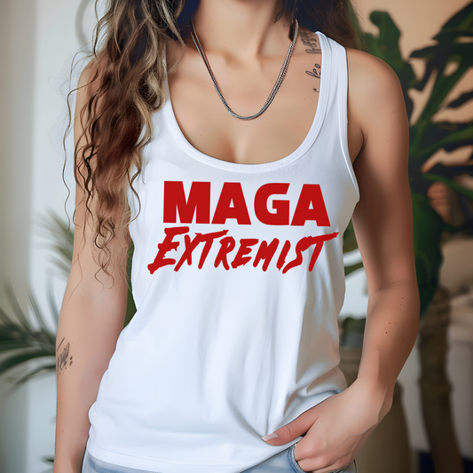 Woman wearing a bold white tank top with 'MAGA Extremist' text in red.