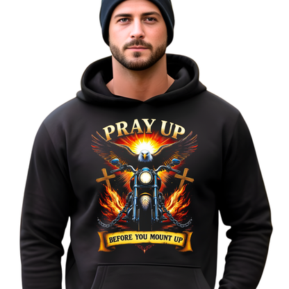 Men’s black Christian hoodie with bold motorcycle and eagle graphic front view