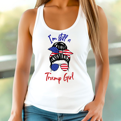 White women’s racerback tank with patriotic bun and sunglasses graphic
