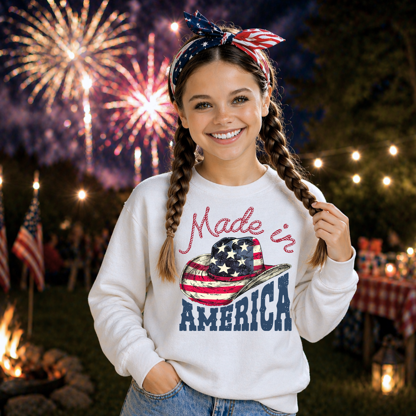 Girl wearing a 'Made in America' sweatshirt with fireworks in the background