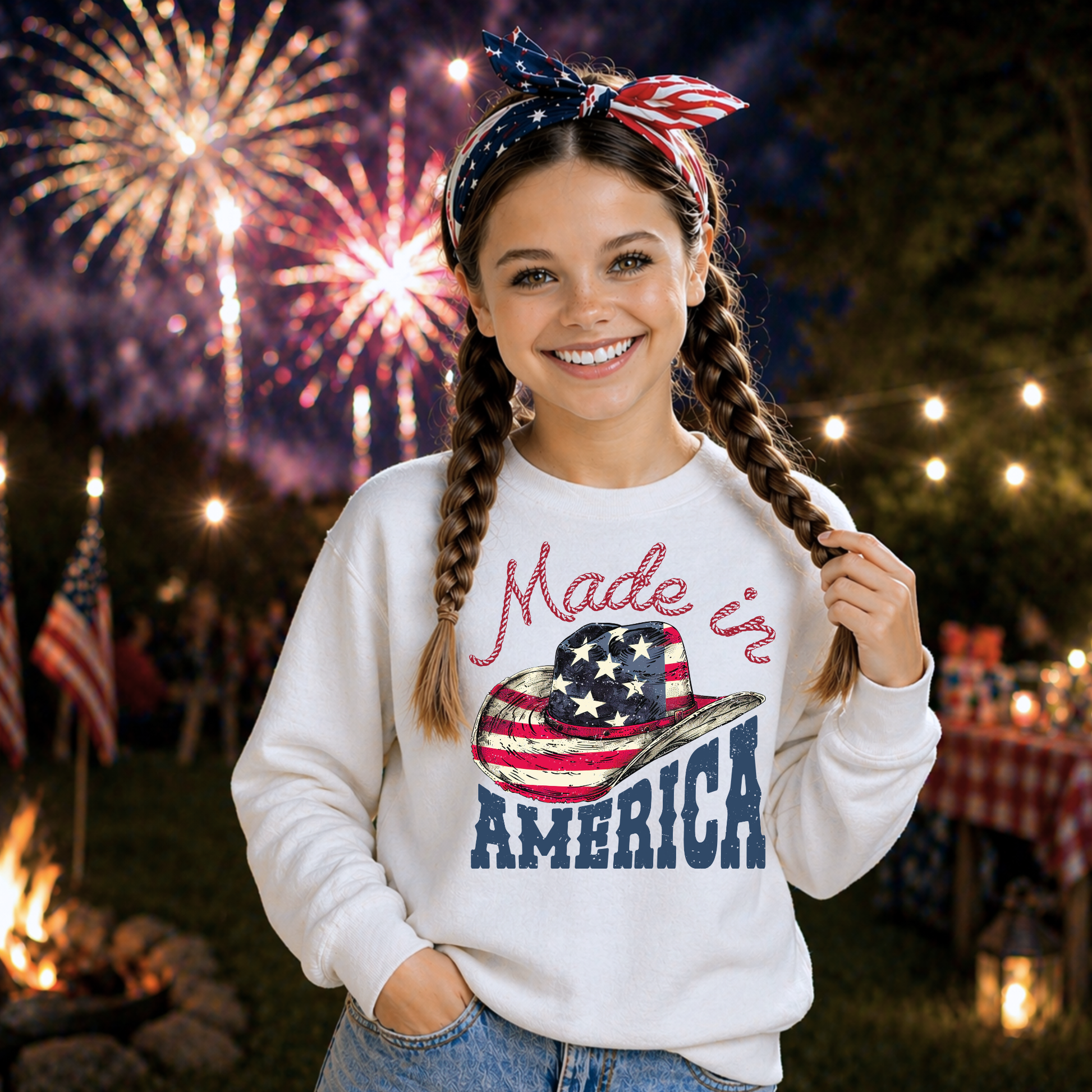 Girl wearing a 'Made in America' sweatshirt with fireworks in the background