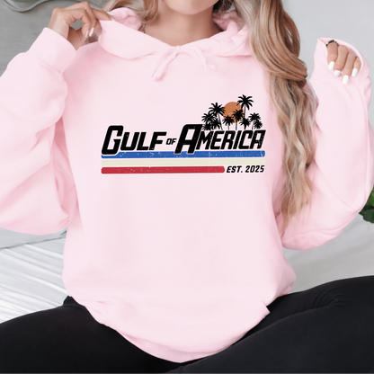 Pink hoodie with 'Gulf of America' design worn by a person