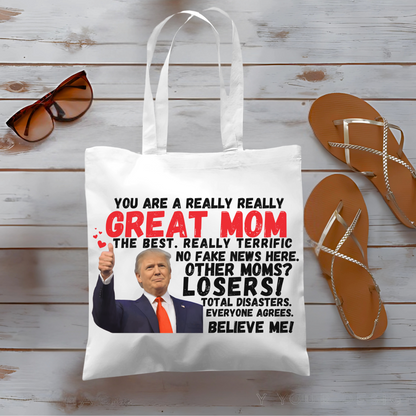 tump-themed canvas tote with straw hat and flowers – political gift for mom