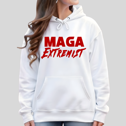 White hoodie with 'MAGA Extremist' text on a gray background