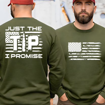Man wearing a green sweatshirt with an American flag design and text on the front and back.