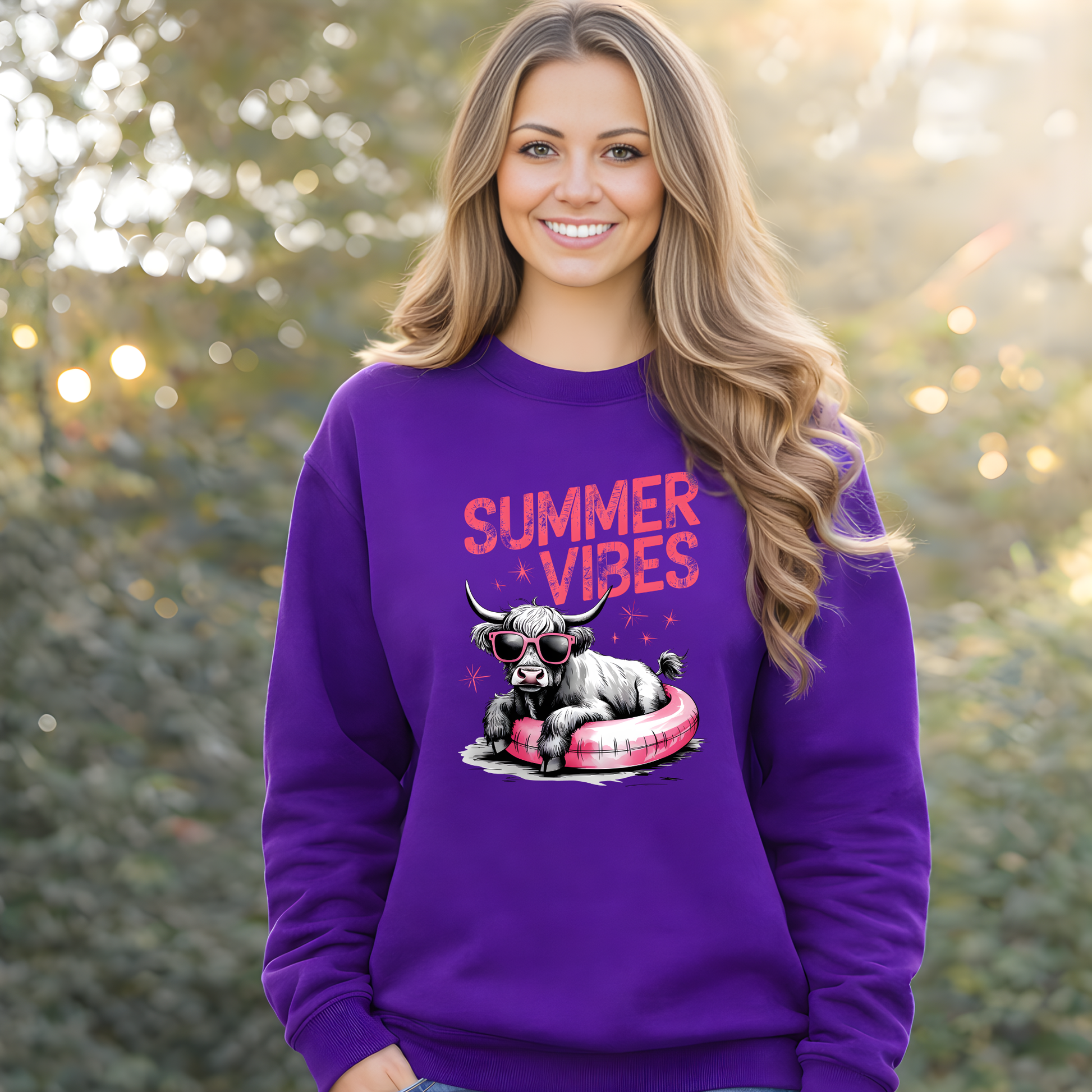 Woman wearing a purple sweatshirt with 'Summer Vibes' and a highland cow graphic, standing outdoors.