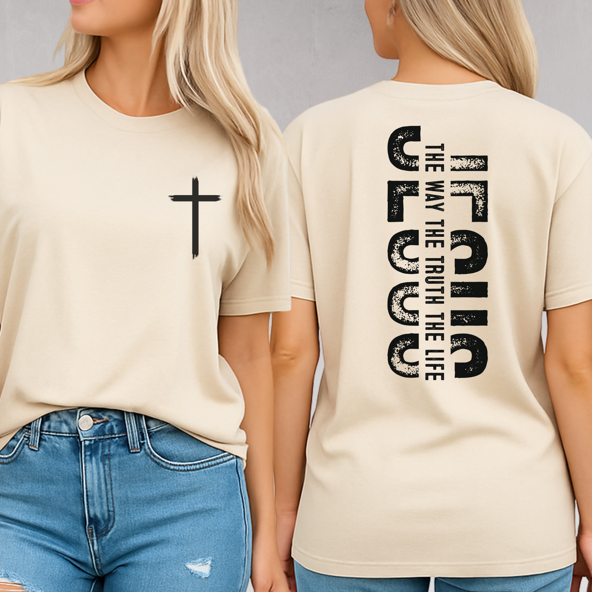 Two people wearing beige t-shirts with a cross and text design.