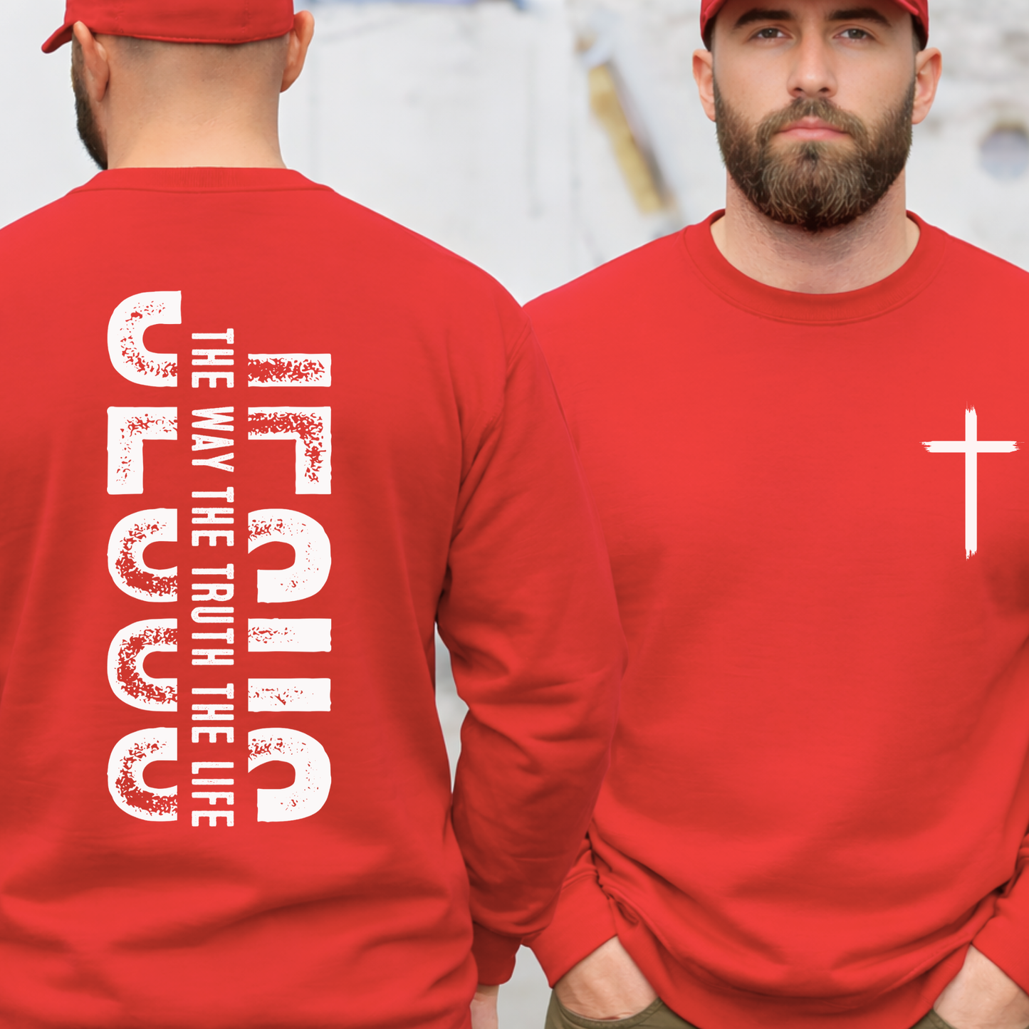 Red Christian sweatshirt with front cross and large vertical Jesus The Way The Truth The Life graphic on back