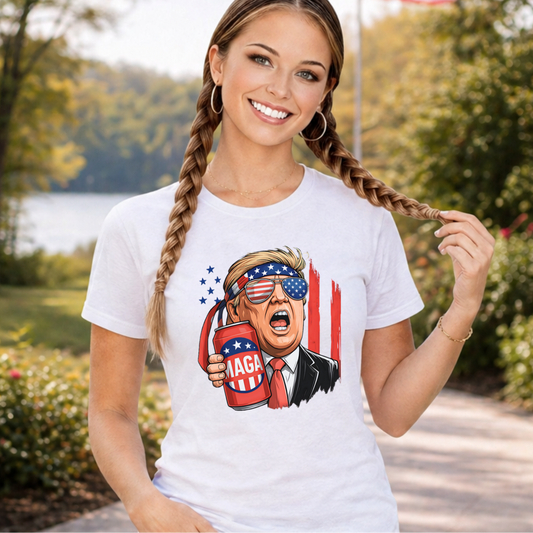 oman wearing white funny USA shirt with patriotic design close up