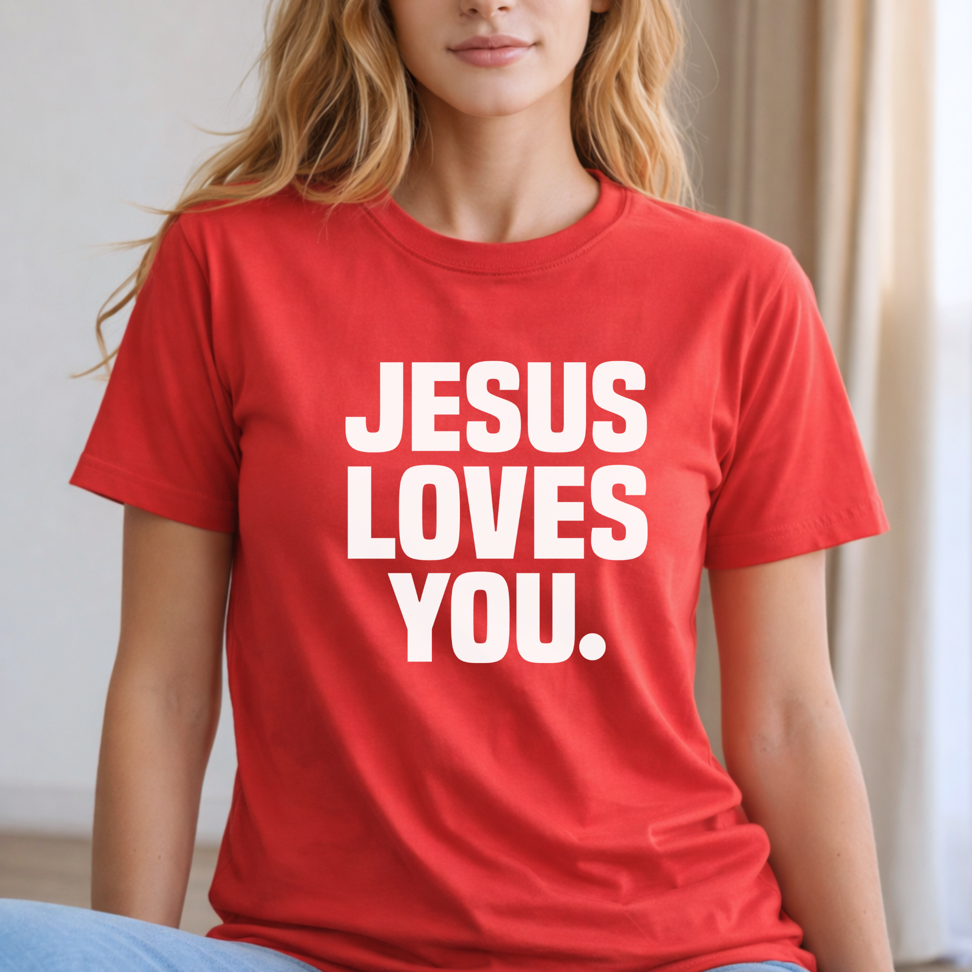 Red unisex Jesus Loves You faith t-shirt model