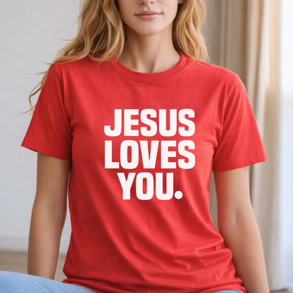 Red unisex Jesus Loves You faith t-shirt model